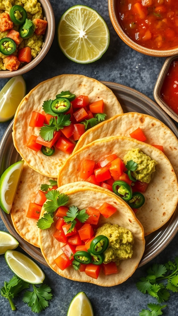 A plate of tortillas garnished with tomatoes, cilantro, jalapeños, guacamole, and lime wedges.